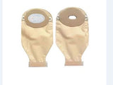 Two beige ostomy pouches for medical use, shown front and back against a white background.