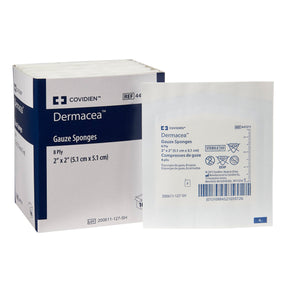 Sterile 2x2 inch gauze sponges in sealed package next to product box, medical supply
