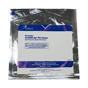 Sterile Algidex Ag wet gauze wound dressing in sealed medical packaging, size 4x4 inch.