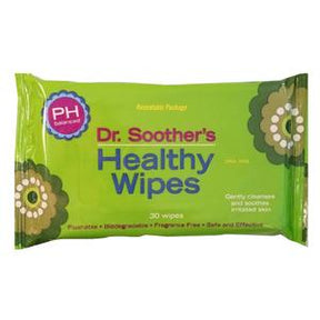 Dr. Soother's Healthy Wipes package, 30 wipes, PH balanced, gentle care for sensitive skin