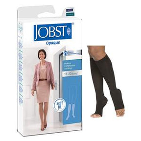 JOBST Opaque compression stockings packaging with person wearing open toe black stockings