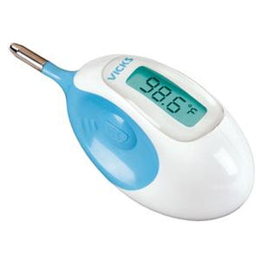 Digital medical thermometer with blue and white body displaying 98.6°F temperature
