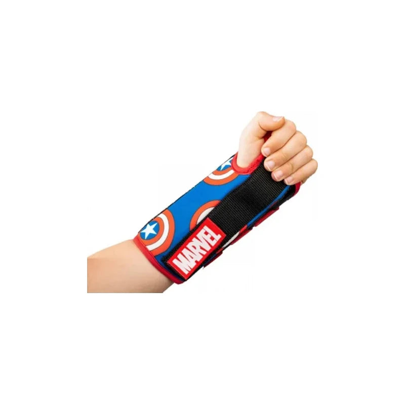 Child's arm wearing a Marvel Captain America themed wrist brace, blue with shield patterns.