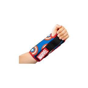 Child's arm wearing a Marvel Captain America themed wrist brace, blue with shield patterns.