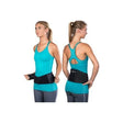 Woman wearing black back support brace, front and back views, over turquoise athletic wear