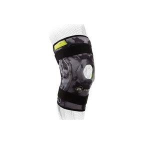 Adjustable black knee brace with open patella on mesh mannequin leg for joint support