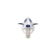 Pediatric nebulizer mask with blue accents for respiratory treatments, front view