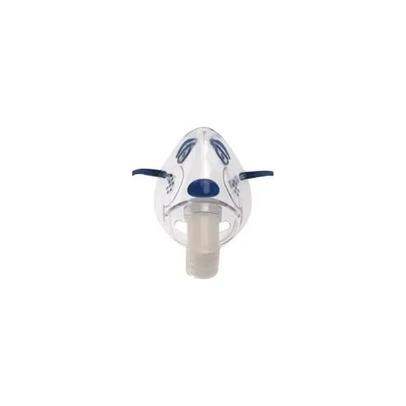 Pediatric nebulizer mask with blue accents for respiratory treatments, front view