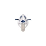 Pediatric nebulizer mask with blue accents for respiratory treatments, front view