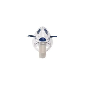 Pediatric nebulizer mask with blue accents for respiratory treatments, front view