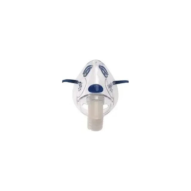 Pediatric nebulizer mask with blue accents for respiratory treatments, front view