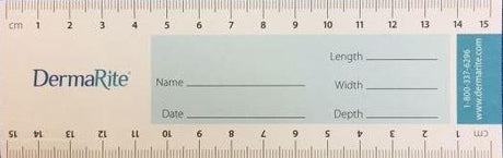 Medical measurement ruler with DermaRite branding, centimeter scale, and wound assessment fields.