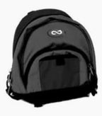 Black medical supply backpack with front pocket and side clips on white background