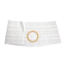 White ostomy belt with adjustable support and central opening for medical supplies