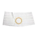 White ostomy belt with adjustable support and central opening for medical supplies