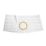 White ostomy belt with adjustable support and central opening for medical supplies