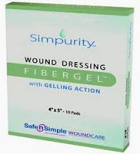 Simpurity wound dressing Fibergel box for wound care, 4"x5", 10 pads