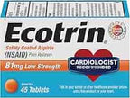 Ecotrin 81mg low strength safety coated aspirin tablets, NSAID pain reliever box