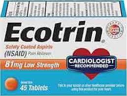 Ecotrin 81mg low strength safety coated aspirin tablets, NSAID pain reliever box
