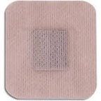 Beige adhesive medical patch for wound care, square shape with centered absorbent pad
