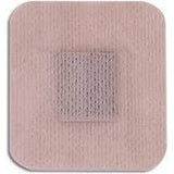 Beige adhesive medical patch for wound care, square shape with centered absorbent pad
