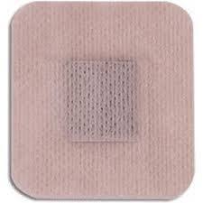 Beige adhesive medical patch for wound care, square shape with centered absorbent pad