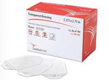 Box of transparent dressings for wound care with several adhesive bandages displayed