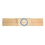 Beige medical abdominal binder with blue circular opening on white background