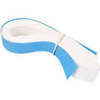 Blue and white medical foam dressing strip coiled with elastic band, wound care supply
