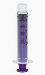 Purple oral medication syringe with clear cap and measurement markings
