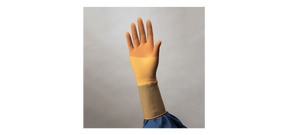 Hand wearing a beige medical compression glove, shown against a neutral background