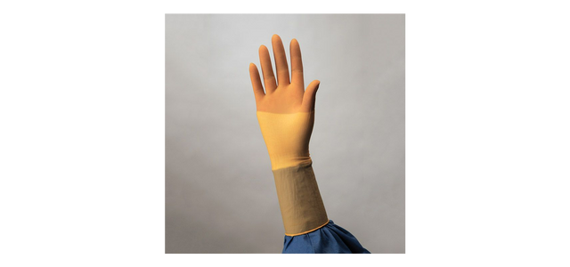 Hand wearing a beige medical compression glove, shown against a neutral background