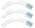 Three curved tracheostomy tubes with blue connectors for respiratory care