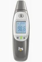 Digital infrared forehead thermometer with display showing 98.6°F, medical supply