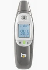 Digital infrared forehead thermometer with display showing 98.6°F, medical supply