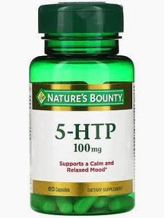 Green bottle of 5-HTP 100mg dietary supplement, labeled for mood support, 60 capsules