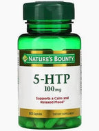 Green bottle of 5-HTP 100mg dietary supplement, labeled for mood support, 60 capsules