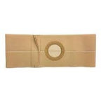 Beige ostomy belt with circular opening, adjustable medical support for stoma care
