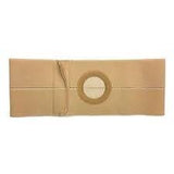 Beige ostomy belt with circular opening, adjustable medical support for stoma care