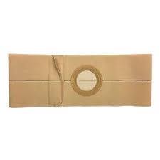 Beige ostomy belt with circular opening, adjustable medical support for stoma care