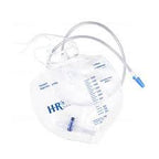 Clear medical urine drainage bag with measurement markings and tubing on a white background
