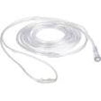 Clear oxygen nasal cannula tubing coiled on white background, medical supply