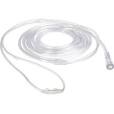 Clear oxygen nasal cannula tubing coiled on white background, medical supply