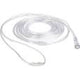Clear oxygen nasal cannula tubing coiled on white background, medical supply