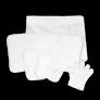 Assorted white absorbent medical pads and gloves on black background