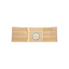 Beige medical abdominal support belt with stoma opening for ostomy care