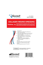 Gentell collagen wound dressing packaging for medical supplies, red and white label.