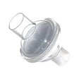 Clear medical ventilator filter with two tube connectors on white background