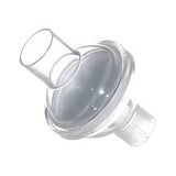 Clear medical ventilator filter with two tube connectors on white background