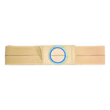 Beige adjustable abdominal binder belt with blue circular stoma opening for medical use